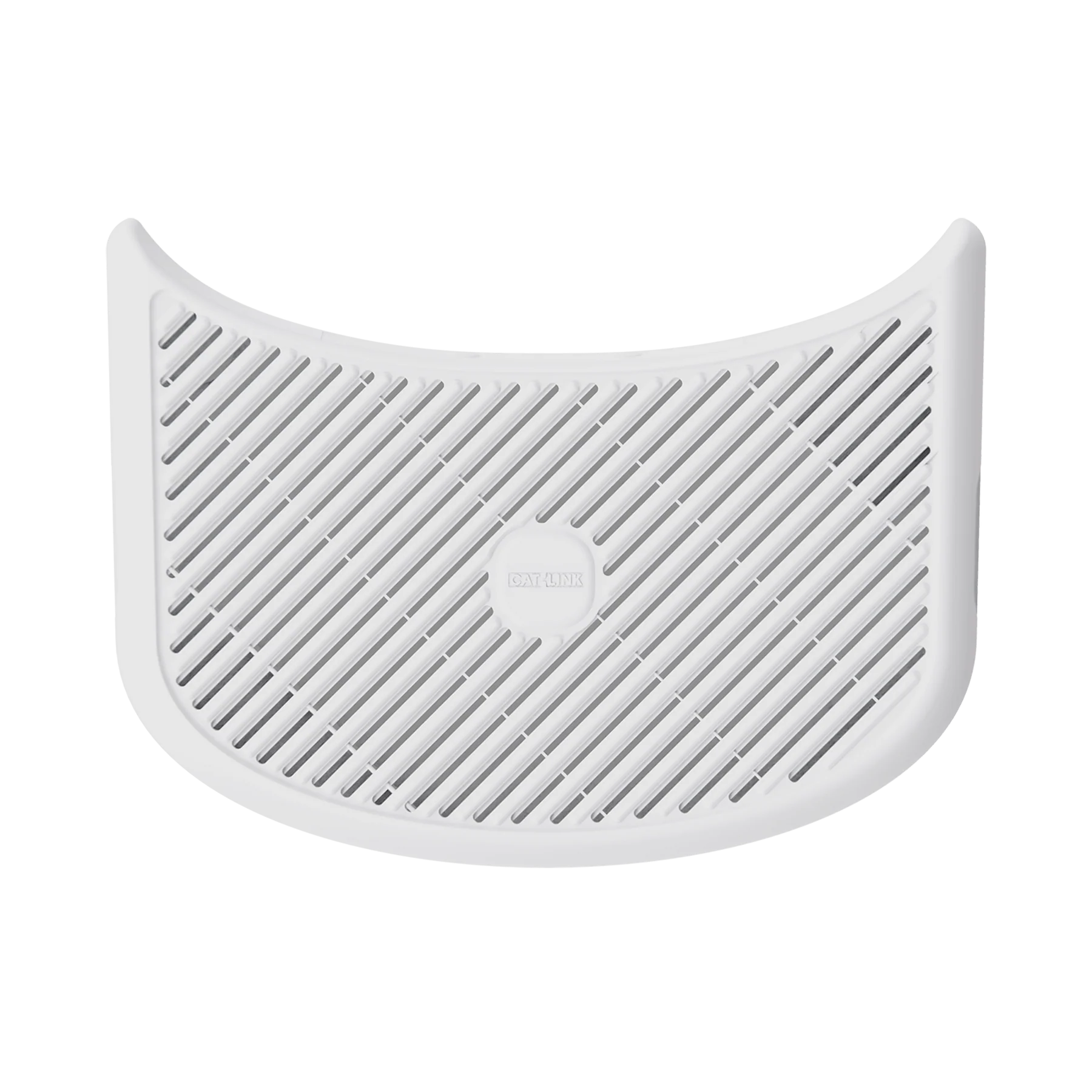 White curved plastic cat litter mat with diagonal slats and Cat Link logo center