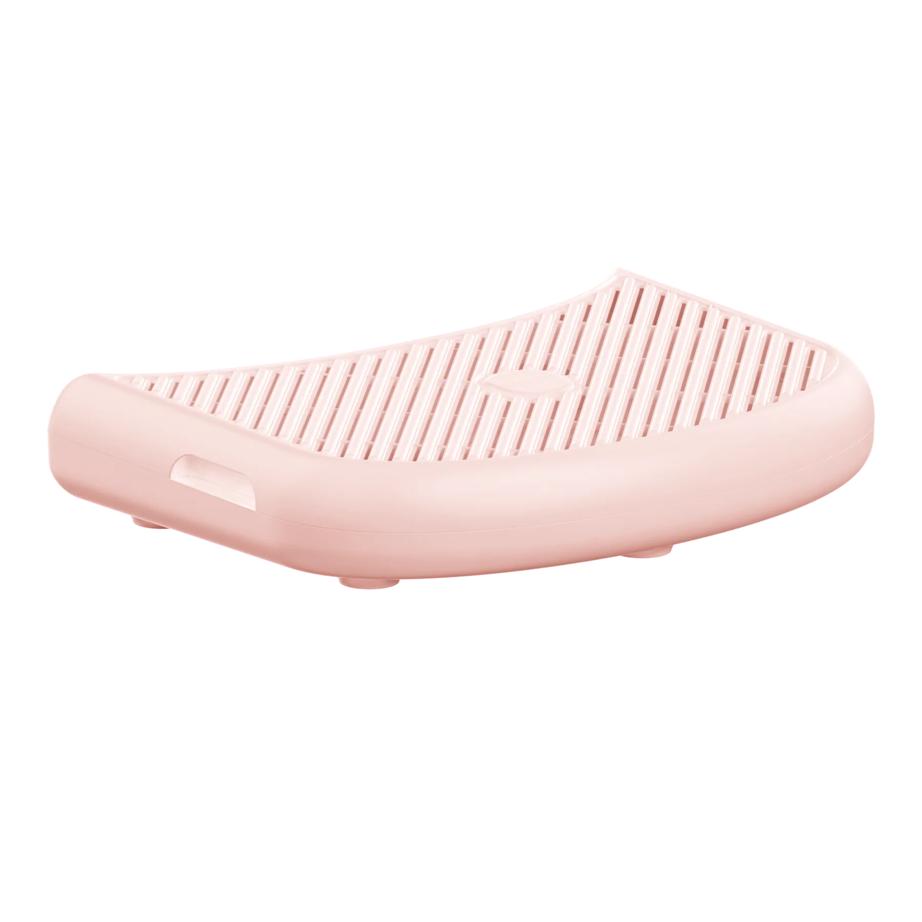 Pink curved stairway step designed with horizontal grooves for pet litter box access