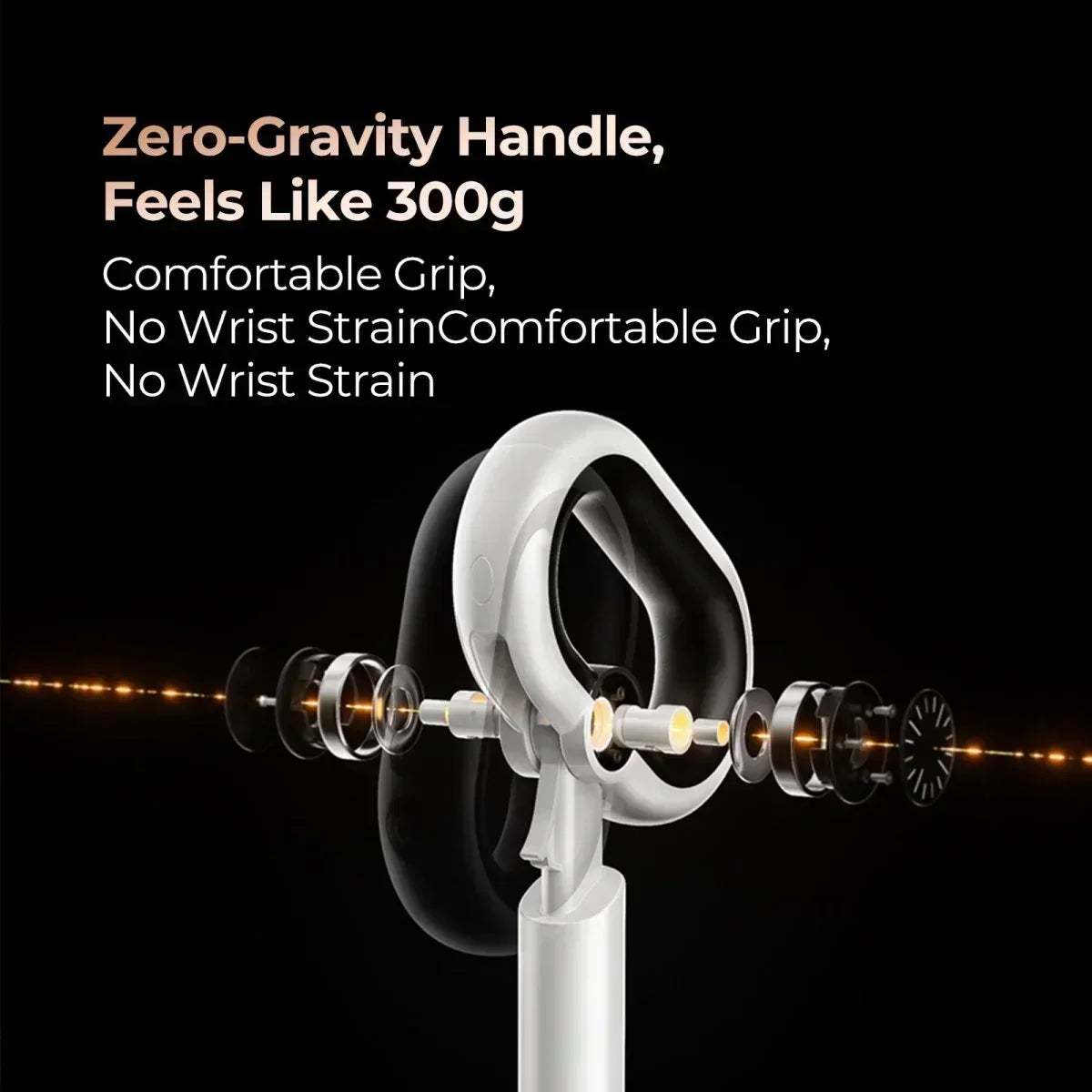 Zero-gravity handle design with comfortable grip, showing internal components and no wrist strain text