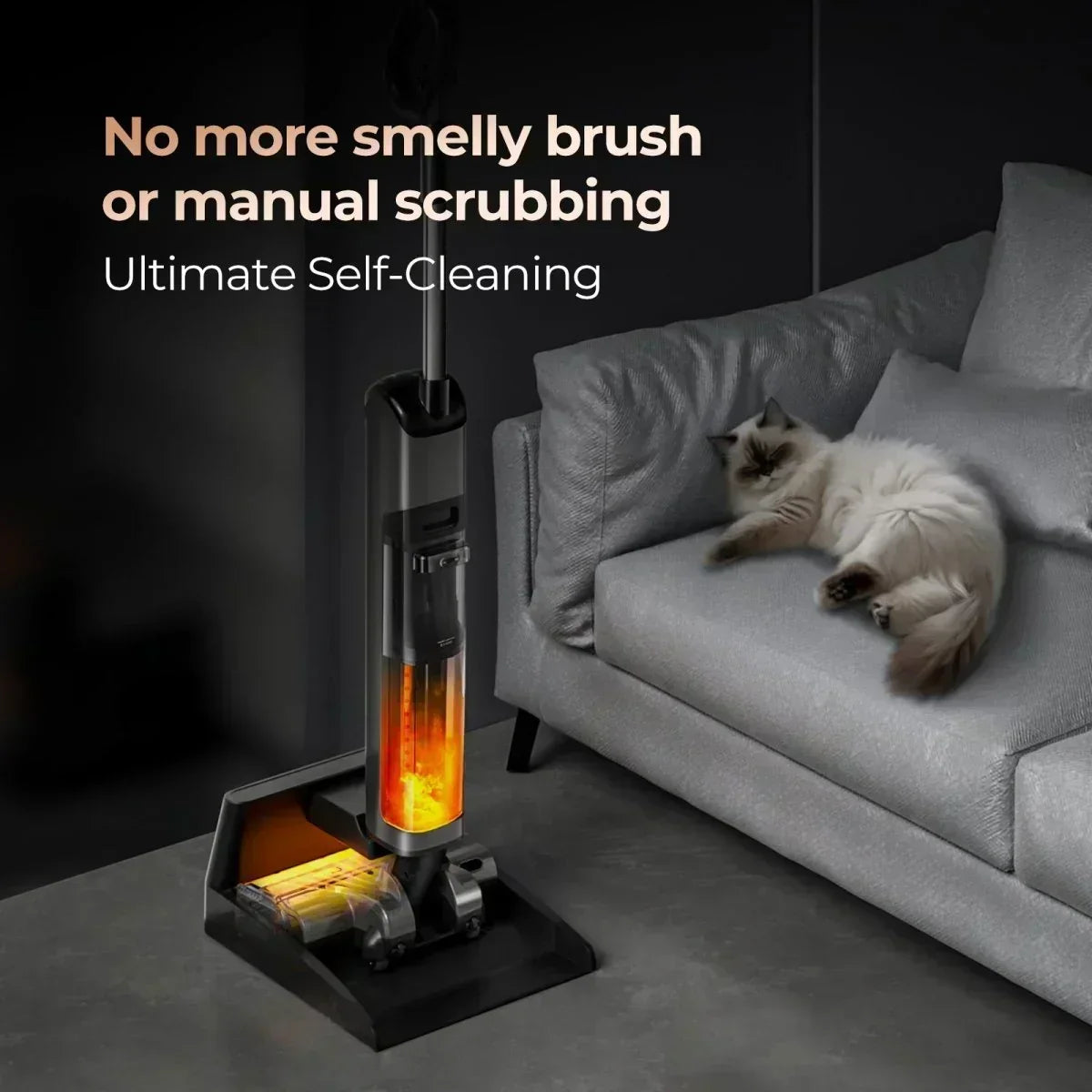 Self-cleaning vacuum cleaner on charging dock next to gray sofa with resting cat