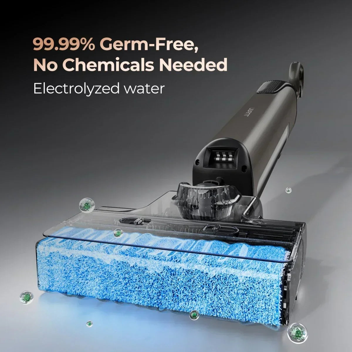 Electrolyzed water floor cleaner with blue cleaning pad, germ-free, chemical-free mop