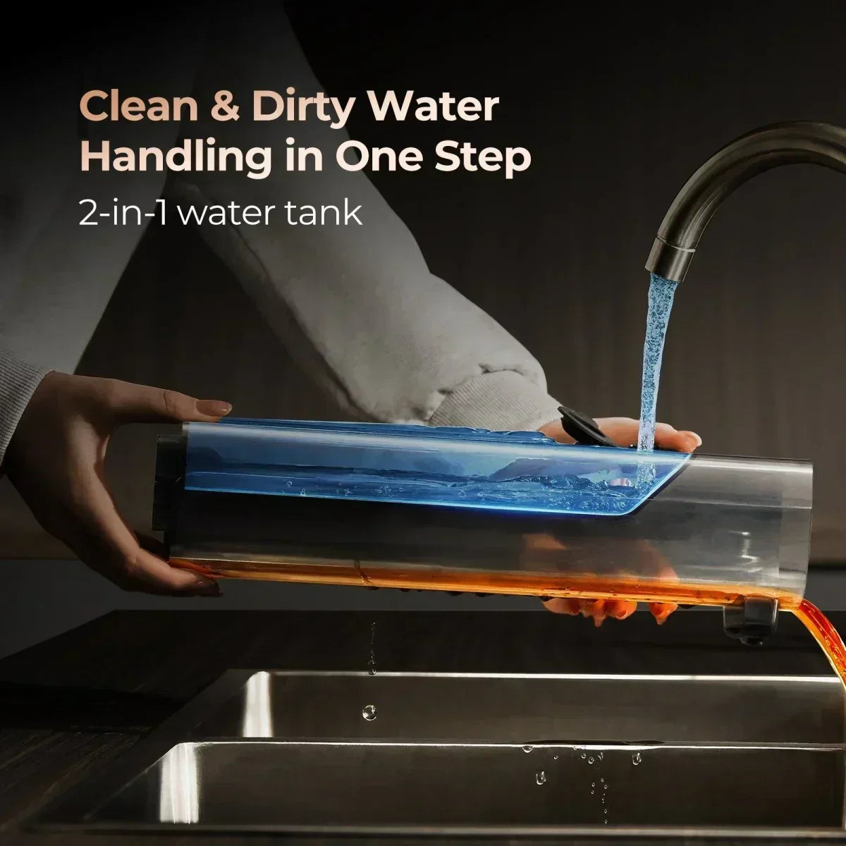 Hands holding a 2-in-1 water tank under faucet showing clean blue water and dirty orange water draining