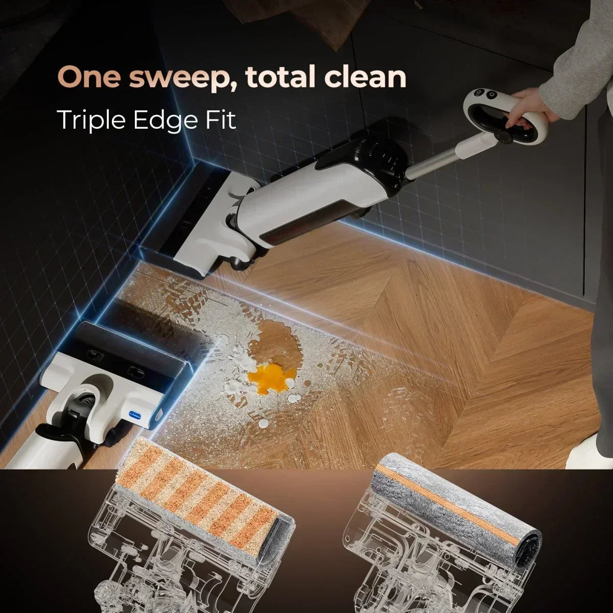 Handheld wet and dry vacuum cleaner cleaning spilled egg and liquid with triple edge fit on wooden floor corner