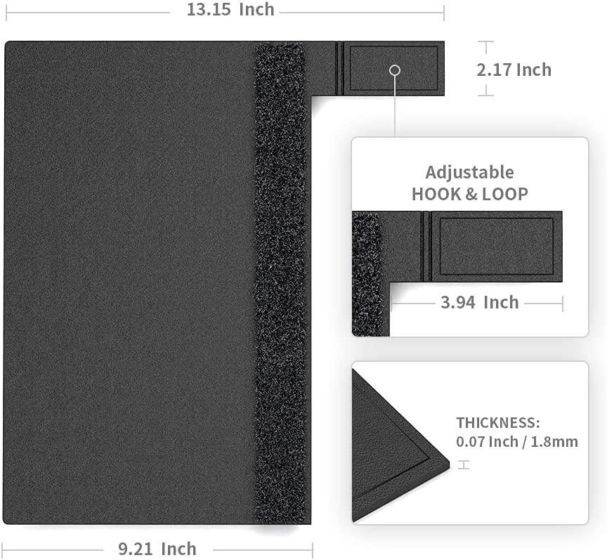 Black assistive book cover with adjustable hook and loop strap, dimensions and thickness noted