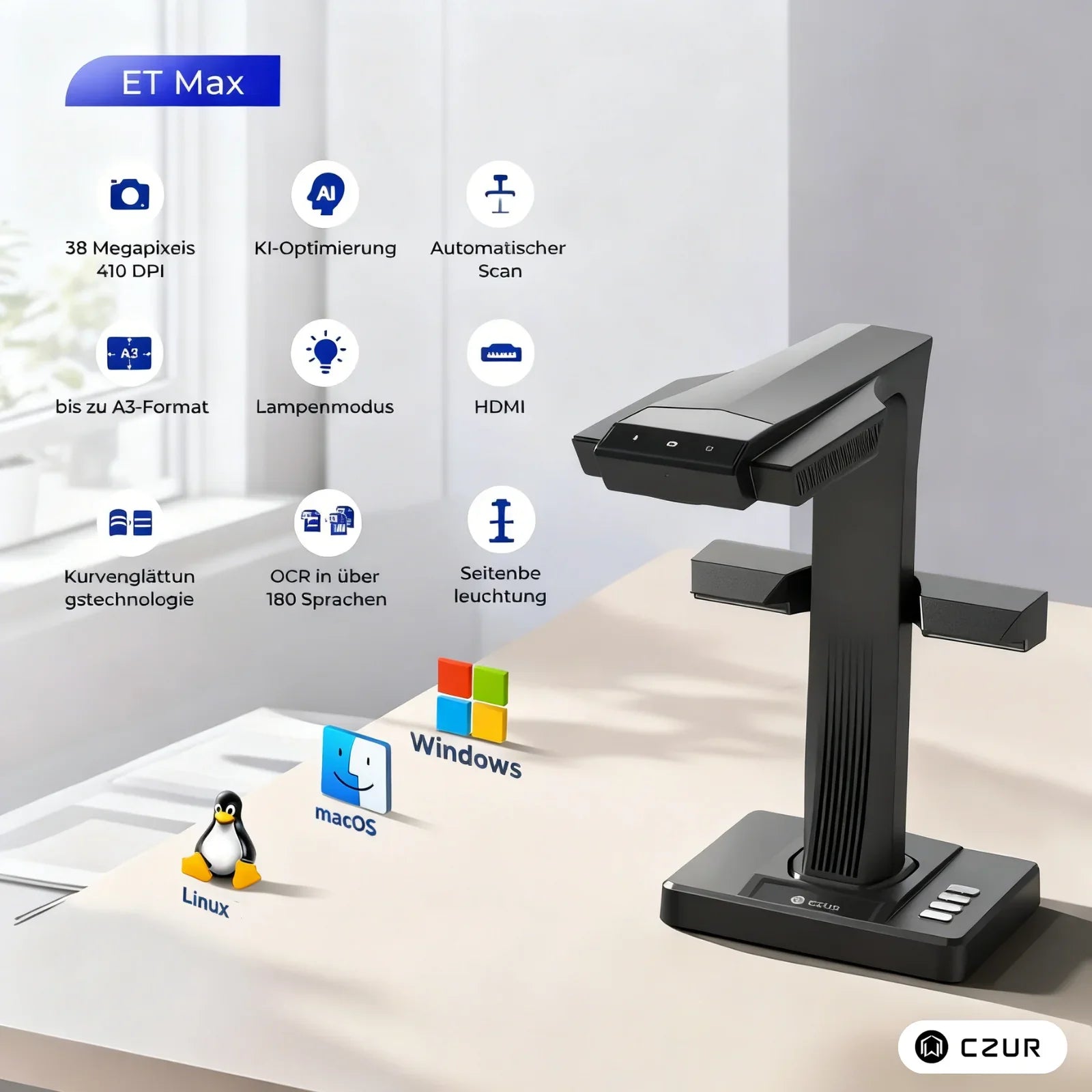 Black CZUR ET Max document scanner on desk with features and OS compatibility icons