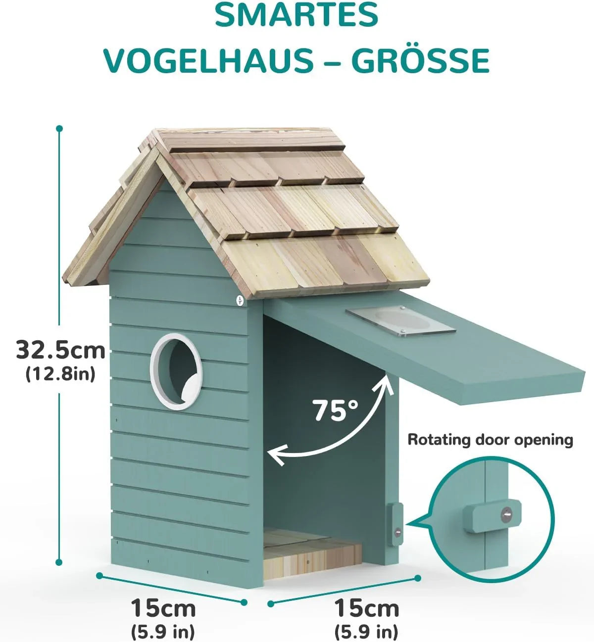 Smart blue birdhouse with wooden shingle roof and 75° rotating door opening, 32.5cm high