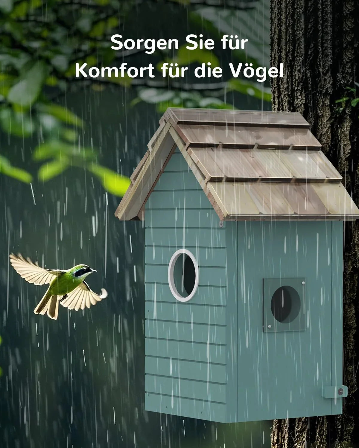 Blue wooden birdhouse attached to tree in rain with green bird flying nearby, German text above