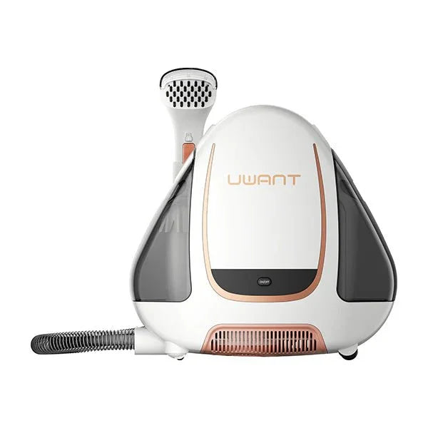 Uwant B100 white carpet and spot cleaner with black and rose gold accents and attached hose