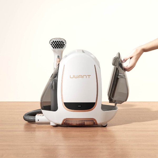 Uwant B100 carpet spot cleaner with detachable water tank on wooden floor background