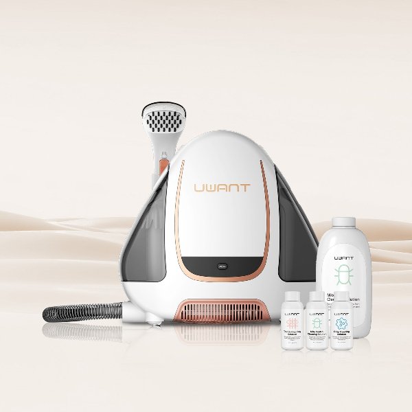 Uwant B100 spot cleaner set with main device, hose, handheld nozzle, and four cleaning solution bottles