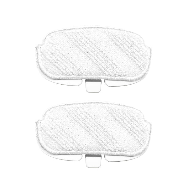 Two white replaceable microfiber brush attachments for cleaning different surfaces