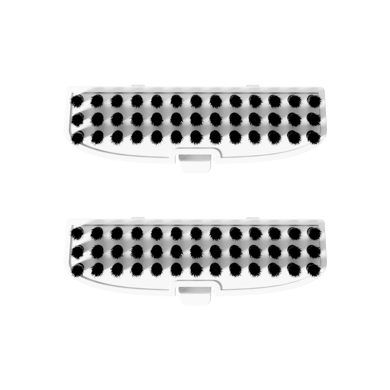 Two white rectangular replacement brush heads with black bristles arranged in rows on white background