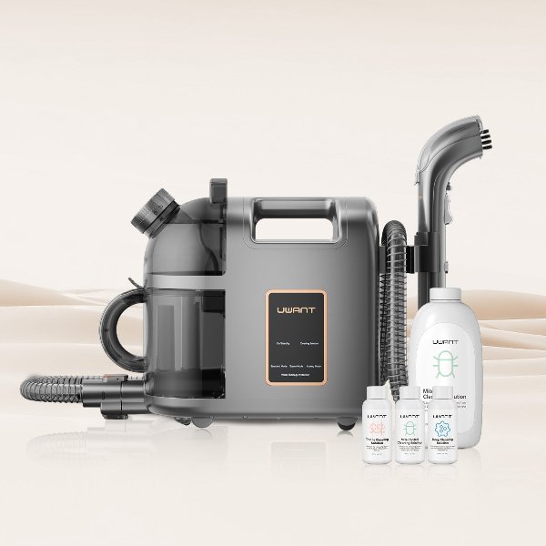 Uwant B200 portable steam cleaner with detachable hose, handheld nozzle, and four cleaning solution bottles on beige background