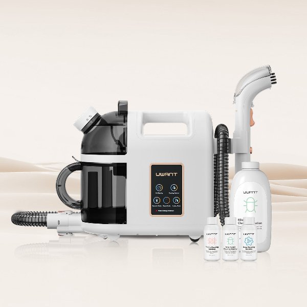 White UWANT B200 steam cleaner with black water tank, hose, nozzle, and four cleaning solution bottles on beige background