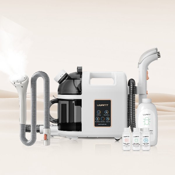 UWANT B200 steam cleaner set with steam brush, flexible hose, main unit, and cleaning solution bottles