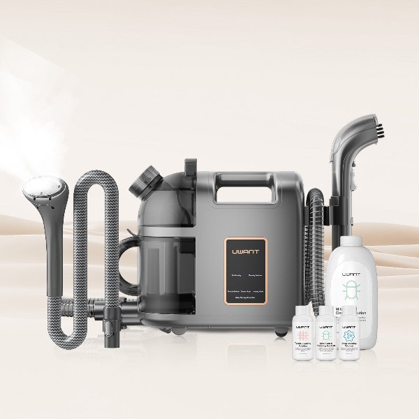 UWANT B200 steam cleaner set with steam brush, flexible hose, and three cleaning solution bottles