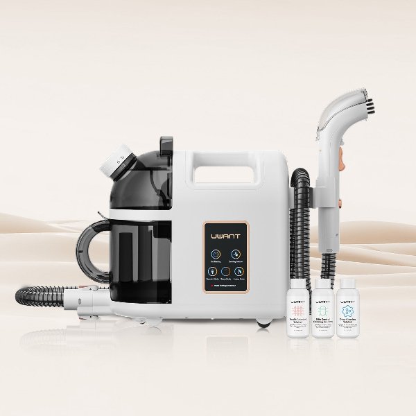 UWANT B200 steam cleaner with black water tank, digital control panel, detachable hose, and three cleaning solution bottles