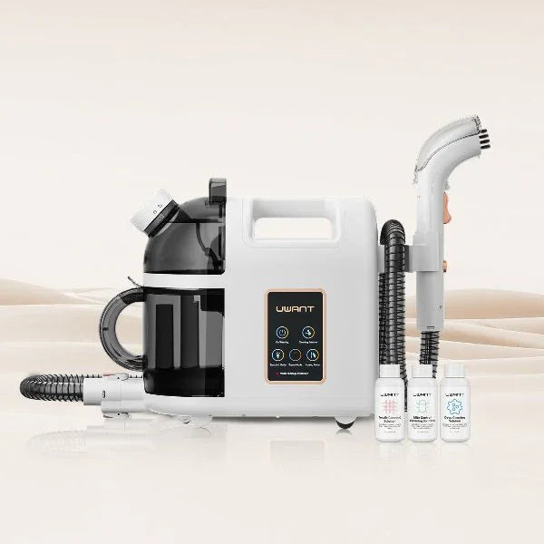 UWANT B200 steam cleaner with black water tank, digital control panel, detachable hose, and three cleaning solution bottles