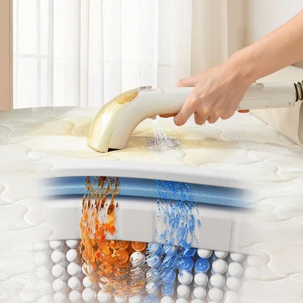 Hand using a white steam cleaner spot cleaner on a stained mattress with graphic showing deep cleaning action