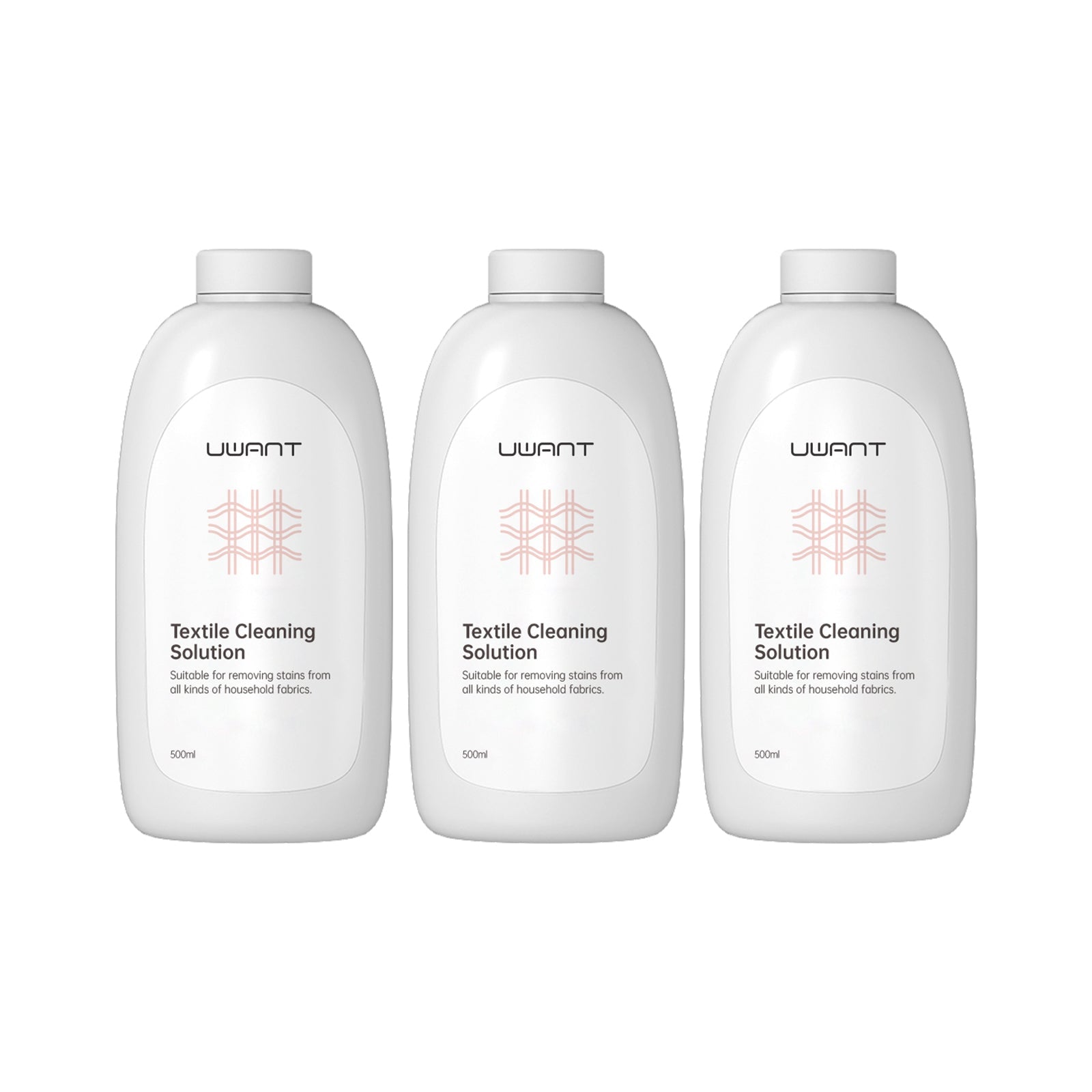 Three white 500ml bottles of Uwant Textile Cleaning Solution for household fabrics stain removal