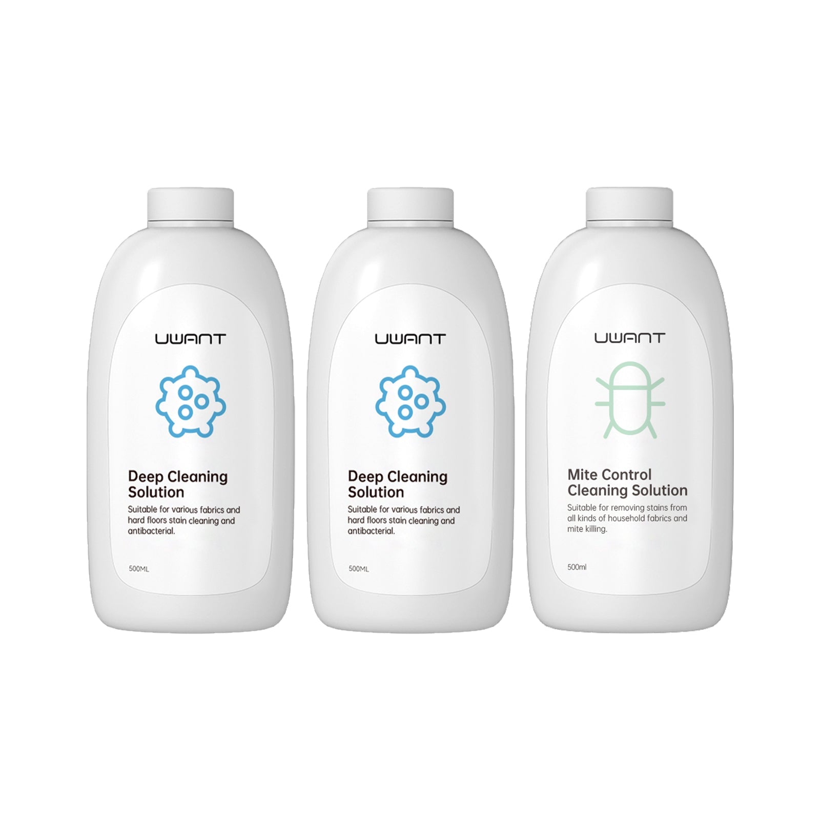 Three Uwant cleaning solution bottles: two 500ml Deep Cleaning and one 500ml Mite Control formula