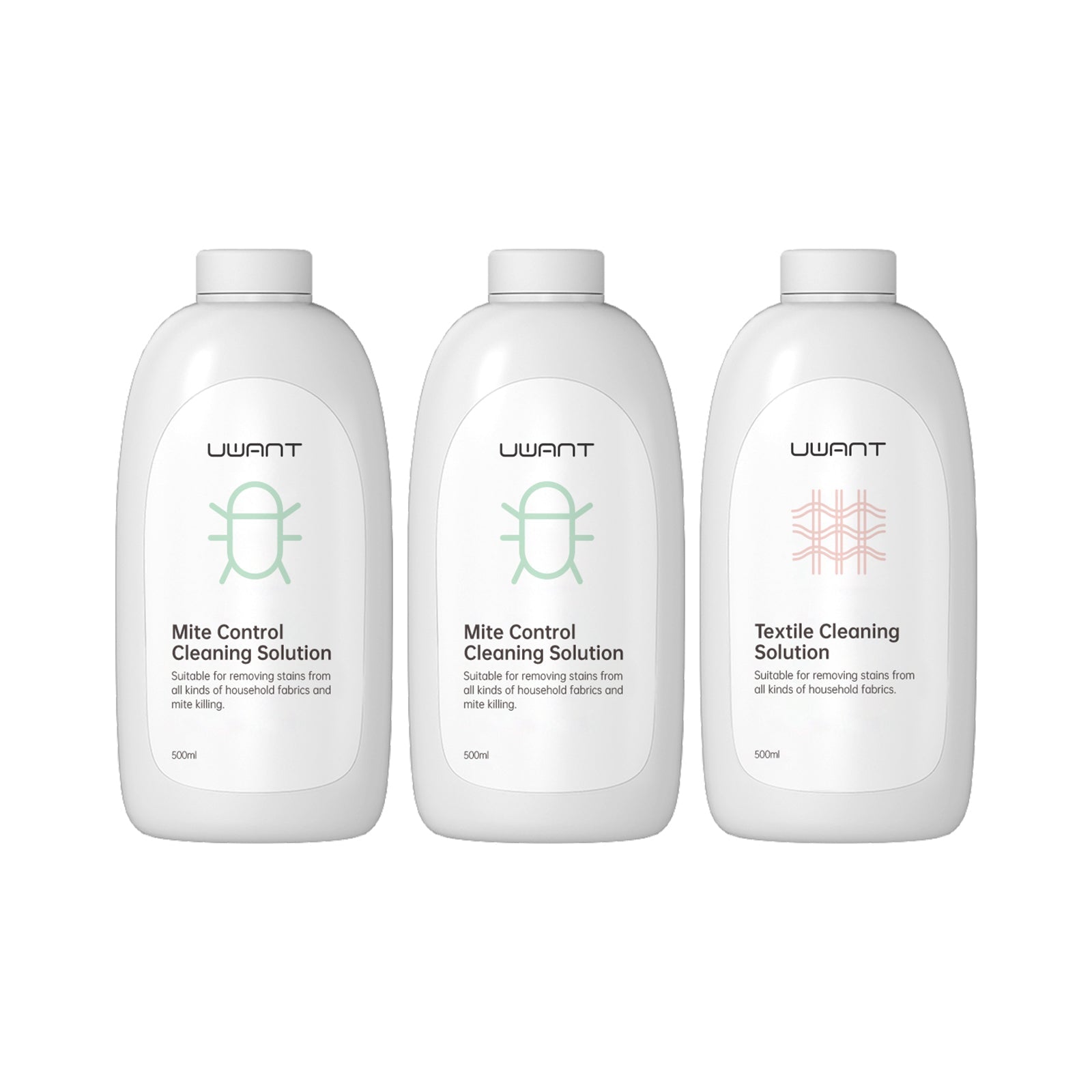 Three white 500ml cleaning solution bottles by UWANT, including mite control and textile cleaning solutions