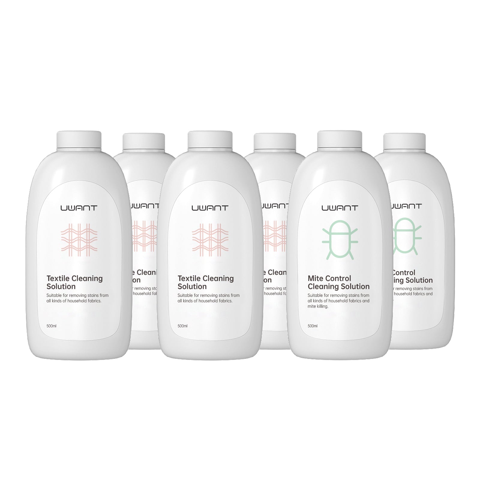 Six white bottles of UWANT cleaning solutions for textiles and mite control with minimalist labels