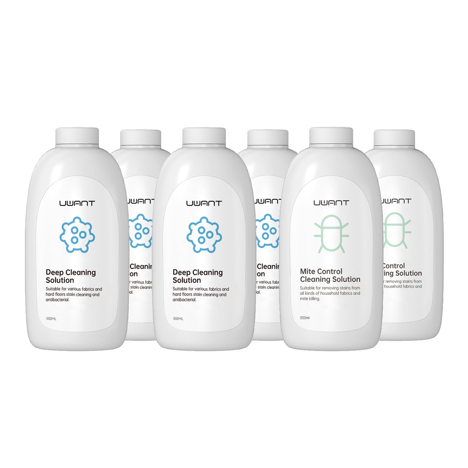 Uwant cleaning solution bottles including Deep Cleaning and Mite Control for fabrics and floors