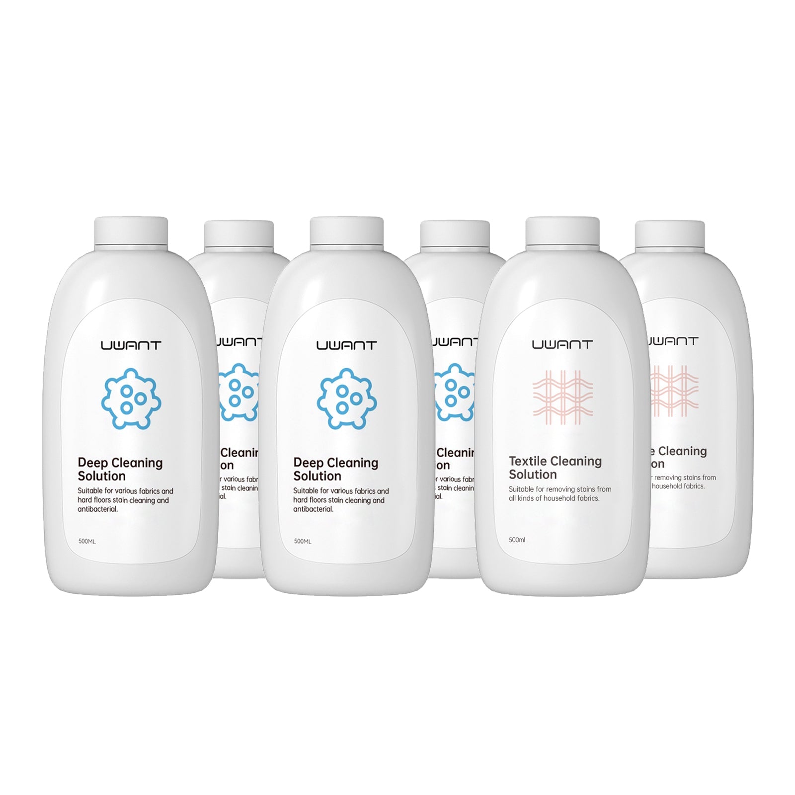 Six white bottles of Uwant Deep Cleaning and Textile Cleaning Solutions for fabric and floor stain removal