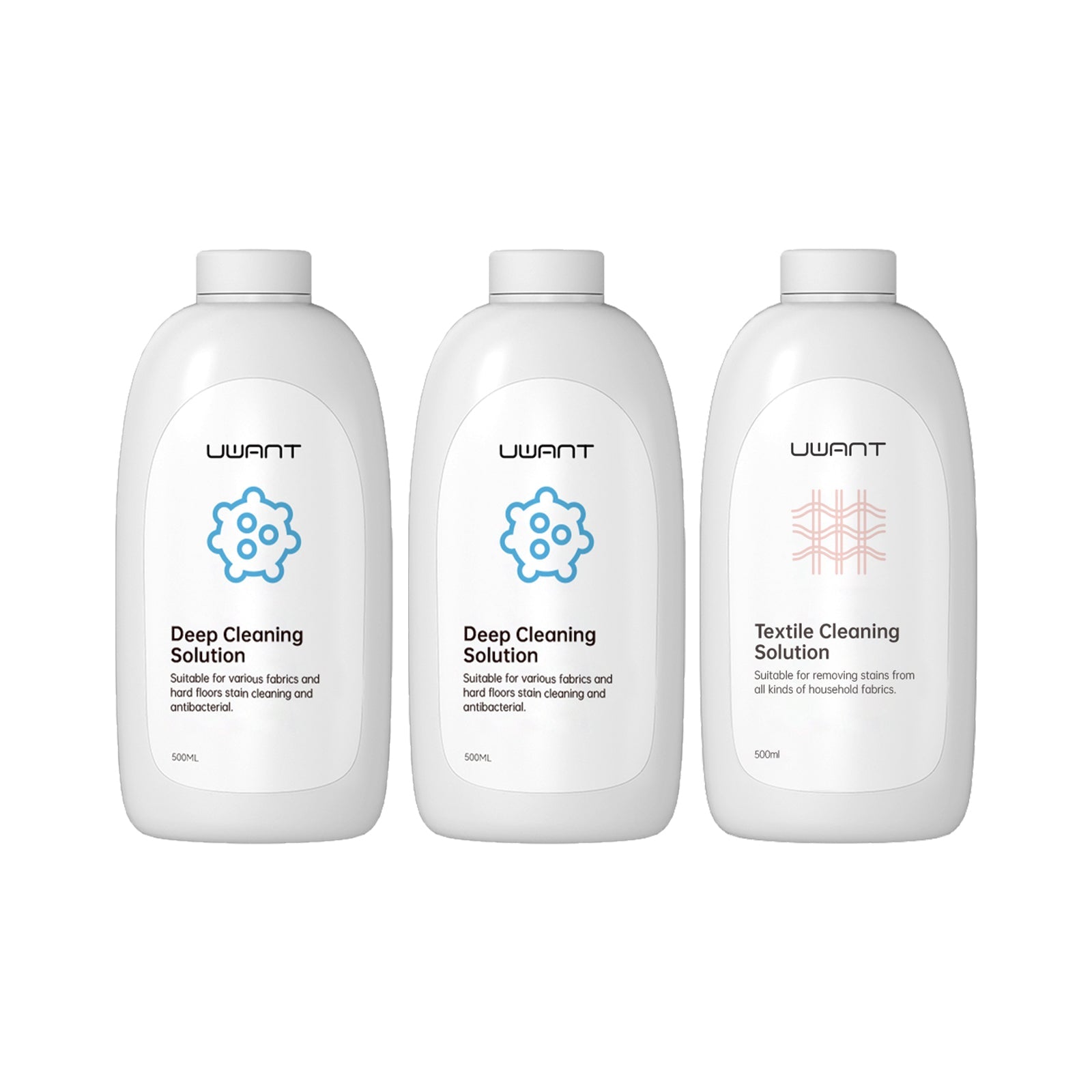 Three white bottles of UWANT cleaning solutions labeled Deep Cleaning and Textile Cleaning Solution for fabrics and floors