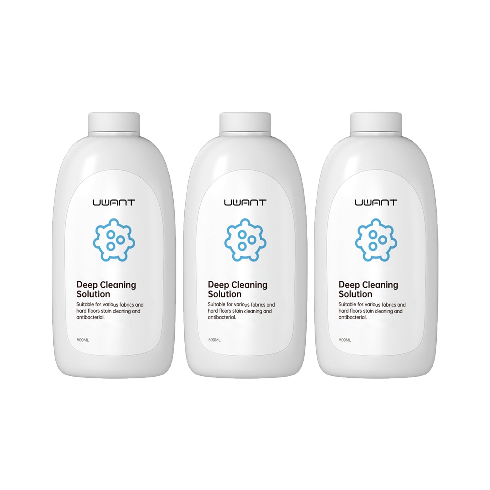 Three white bottles of Uwant Deep Cleaning Solution with antibacterial and stain removal for fabrics and floors