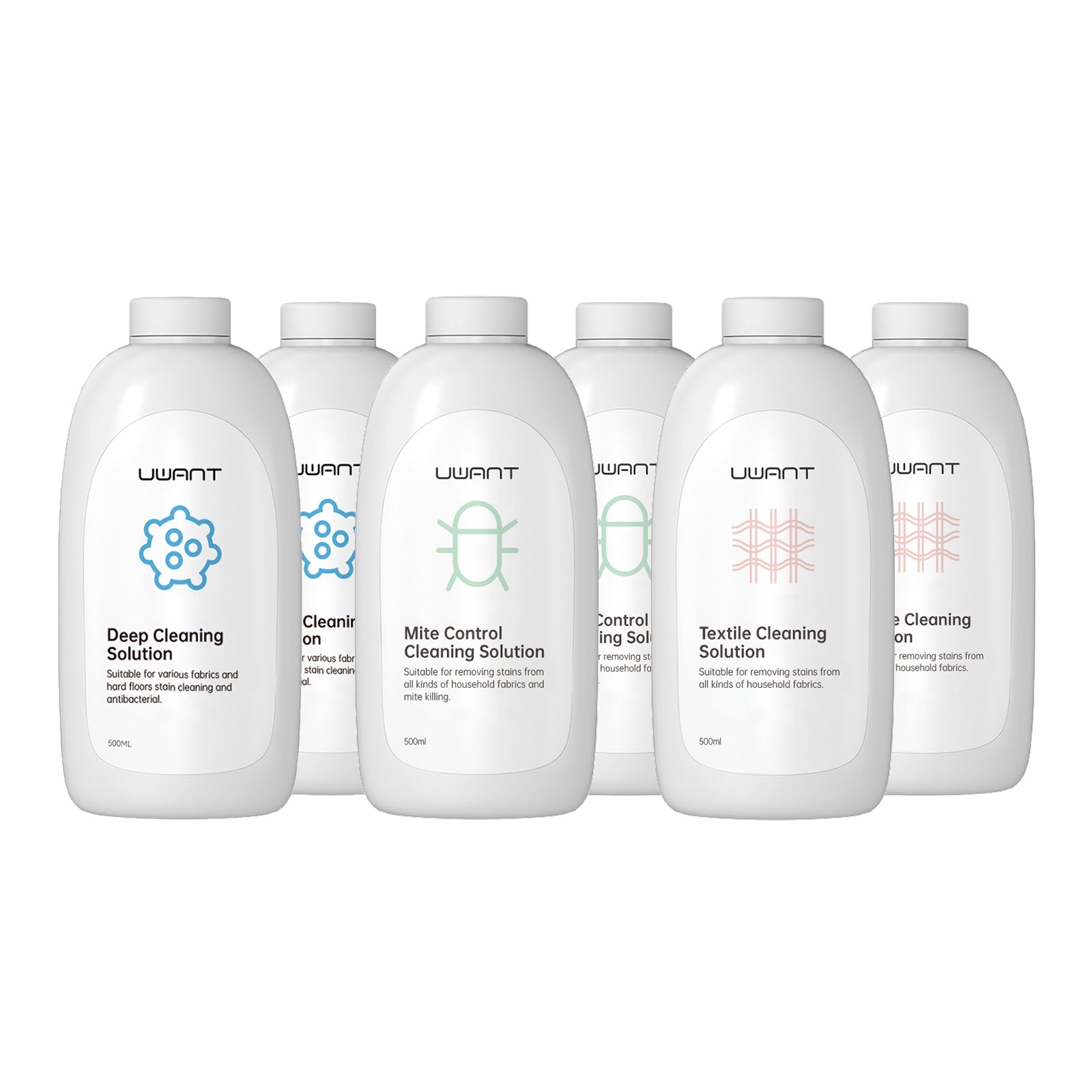 Six white bottles of Uwant cleaning solutions including Deep Cleaning, Mite Control, and Textile Cleaning for fabrics