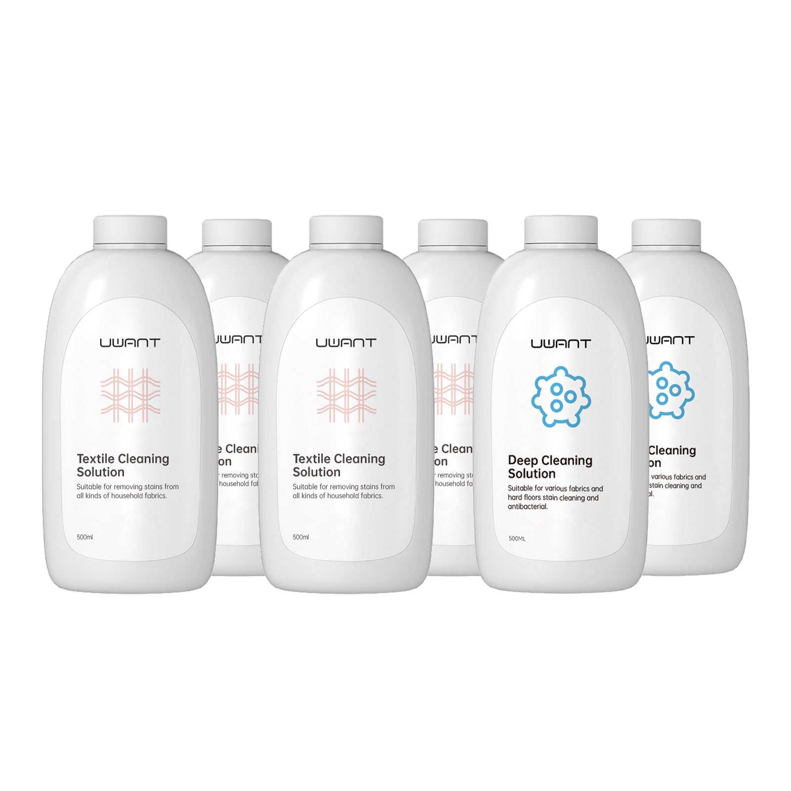 Six Uwant cleaning solution bottles with textile and deep cleaning formulas for household stains
