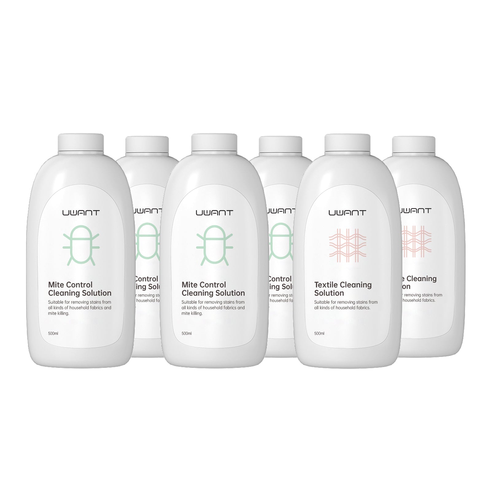 Six white 500ml bottles of UWANT Mite Control and Textile Cleaning Solutions for household fabric stain removal