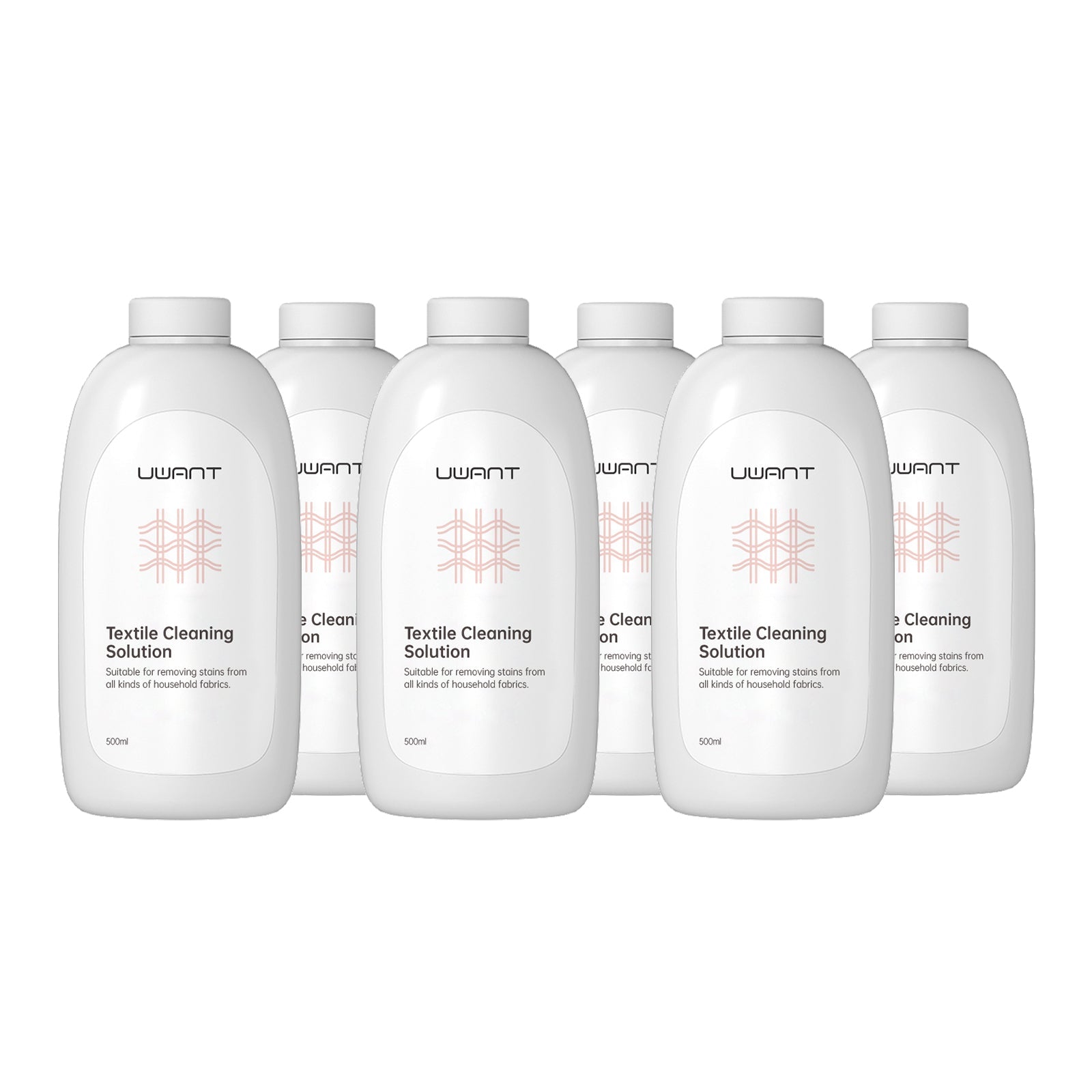 Six white 500ml UWANT textile cleaning solution bottles for removing stains from household fabrics