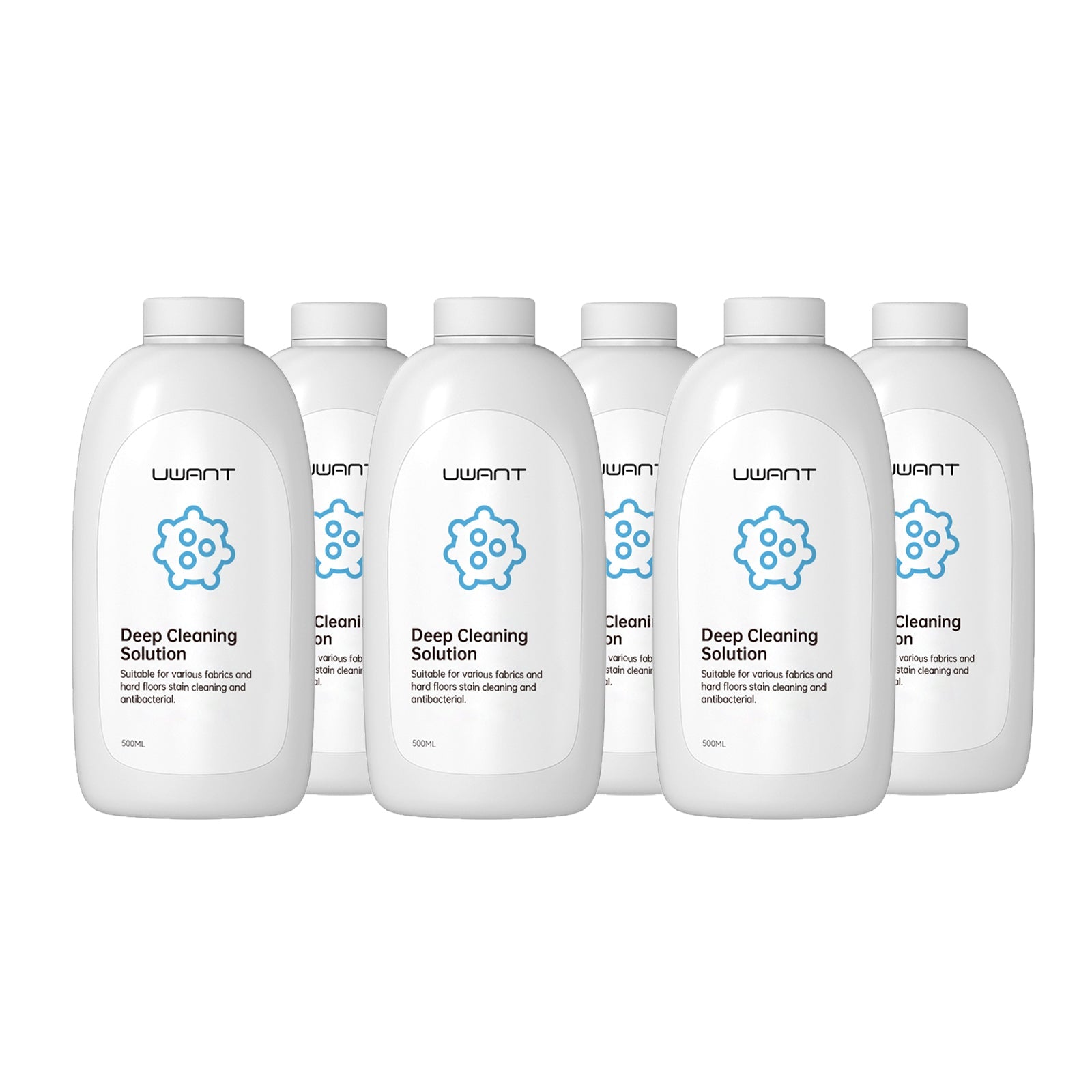 Six bottles of Uwant Deep Cleaning Solution for fabrics and hard floors, antibacterial stain cleaner