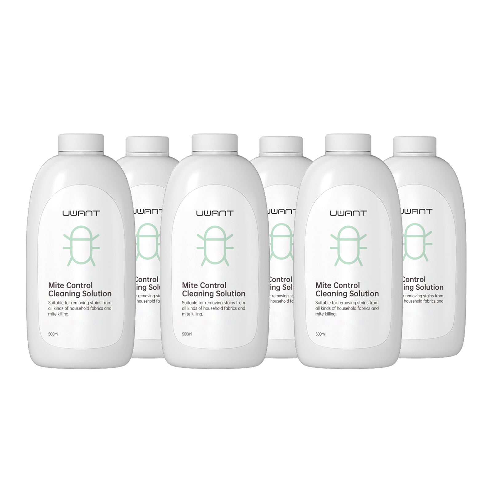 Six white bottles of UWANT Mite Control Cleaning Solution for removing stains and killing mites on fabrics