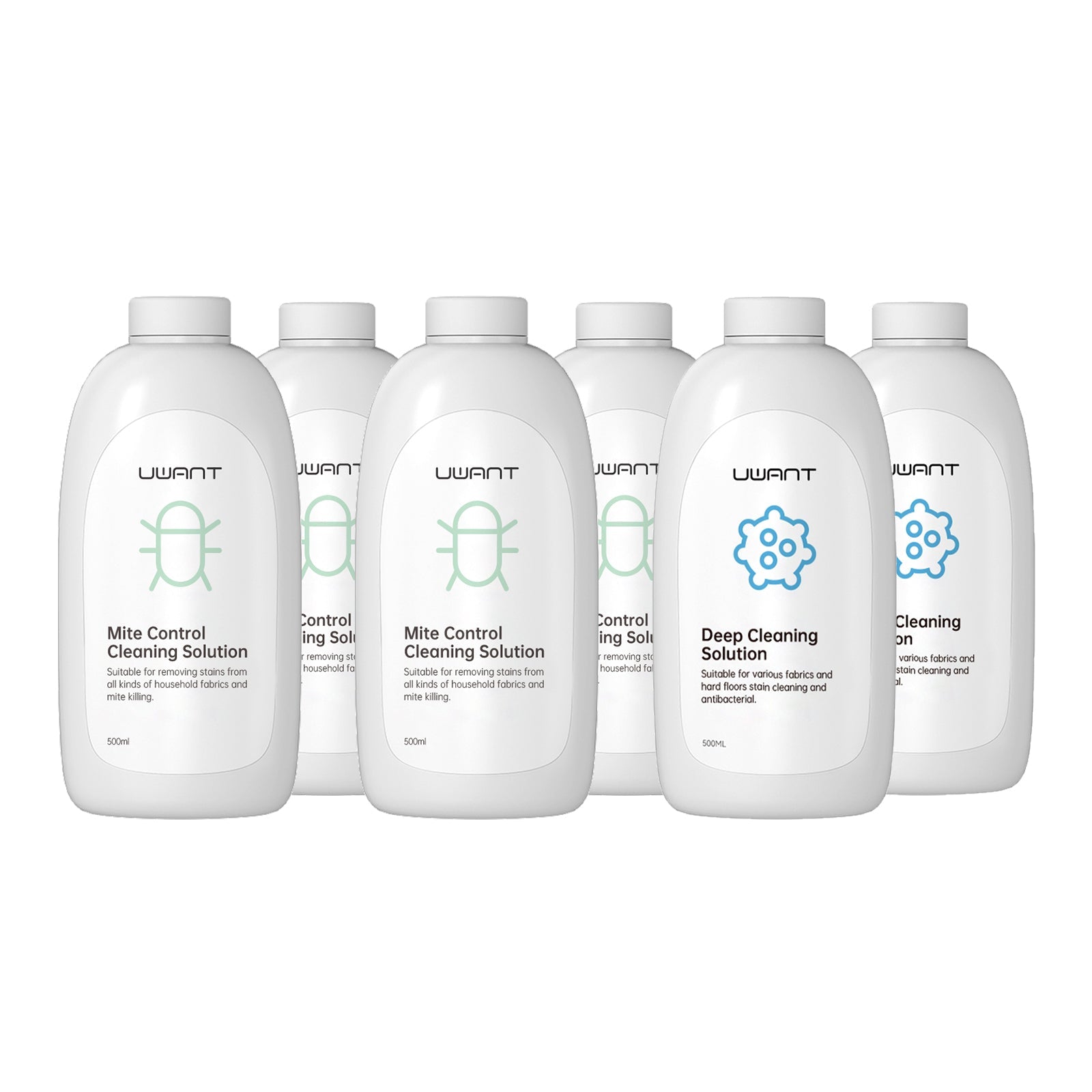 Six bottles of UWANT cleaning solutions including Mite Control and Deep Cleaning for household stains and fabrics