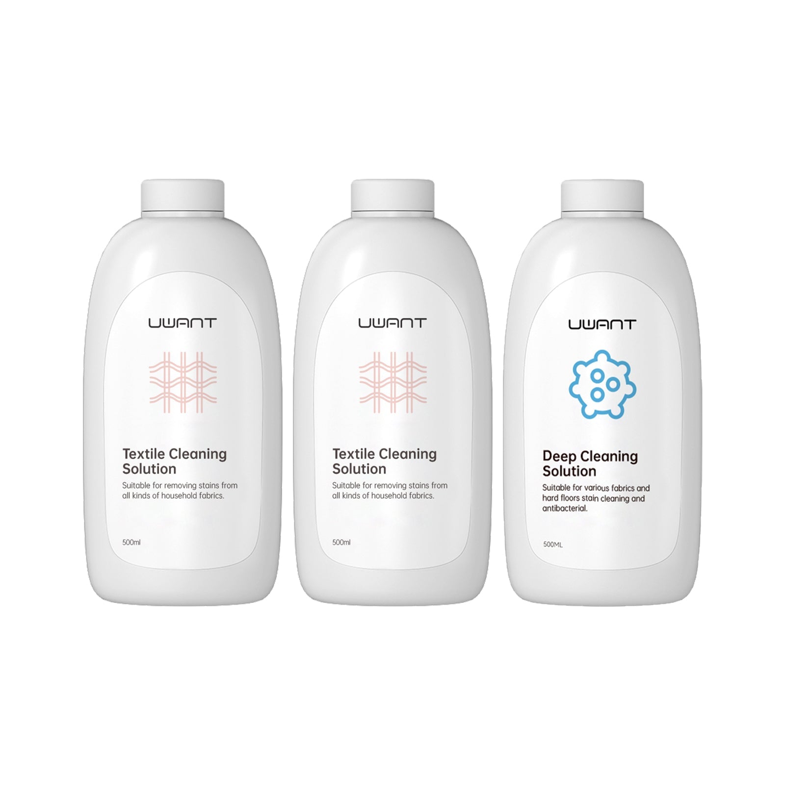 Three white 500ml Uwant cleaning solution bottles: two textile cleaning and one deep cleaning