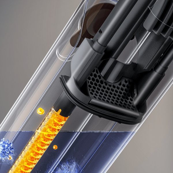 Close-up of Uwant D100 2-in-1 vacuum water tank filter showing liquid and dirt particles in transparent chamber