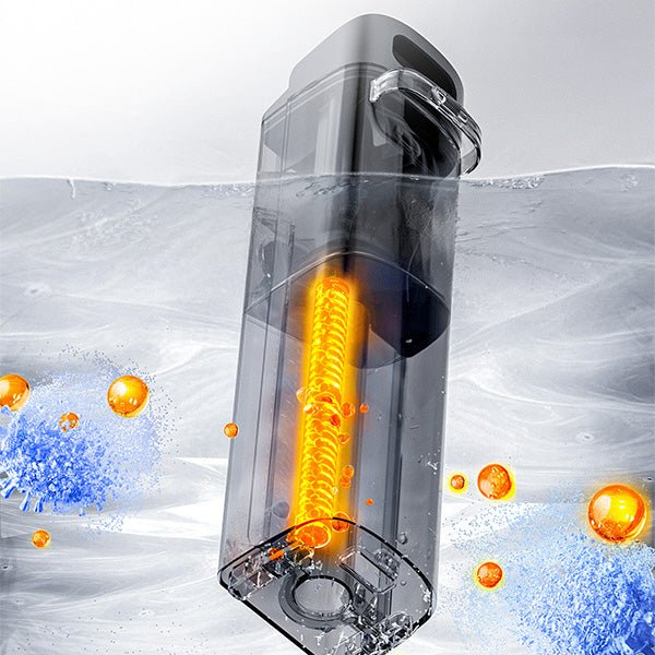 Transparent 2-in-1 water tank with glowing orange heating element submerged in water