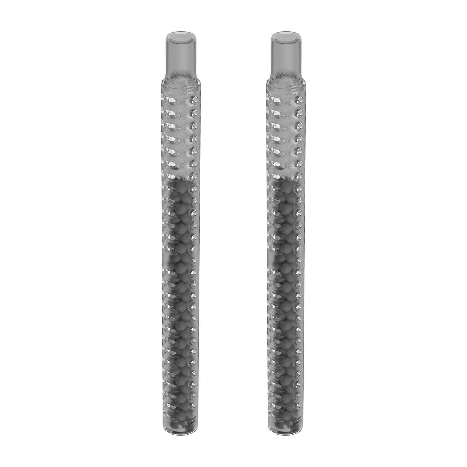 Pair of transparent odour removal sticks filled with small black beads for air purification