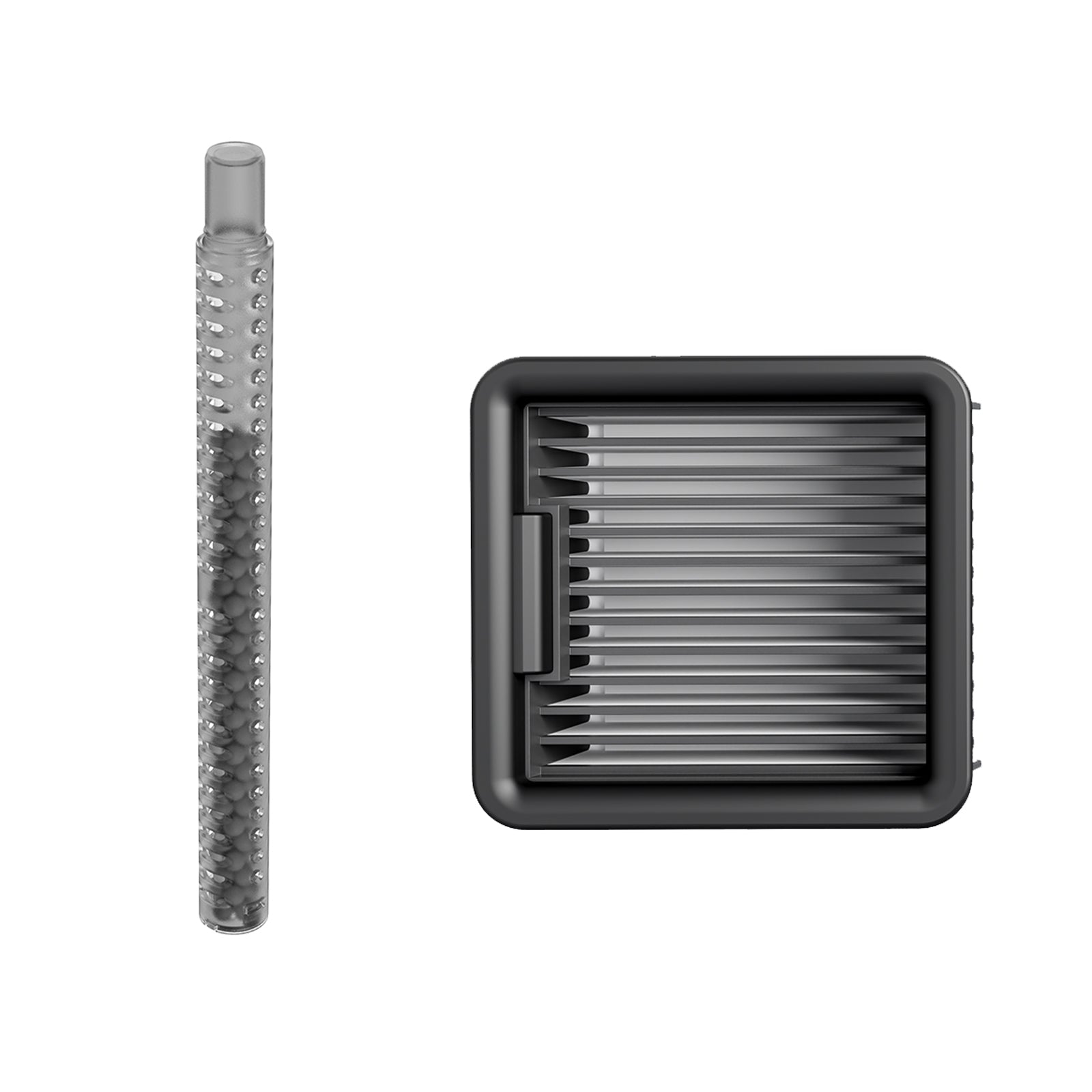 Transparent cylindrical odour removal stick with activated carbon beads and black square air filter cartridge