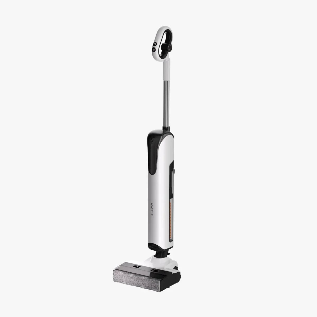 White and black upright wet and dry vacuum cleaner with D-shaped rolling brush on white background
