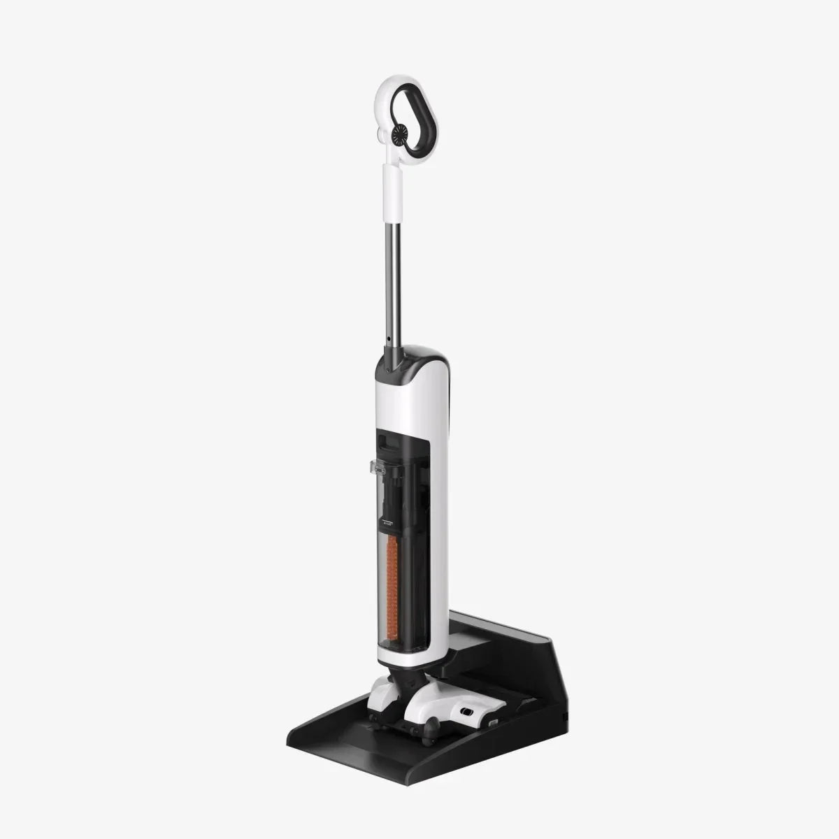 White and black upright wet and dry vacuum cleaner with D-shaped rolling brush on charging dock