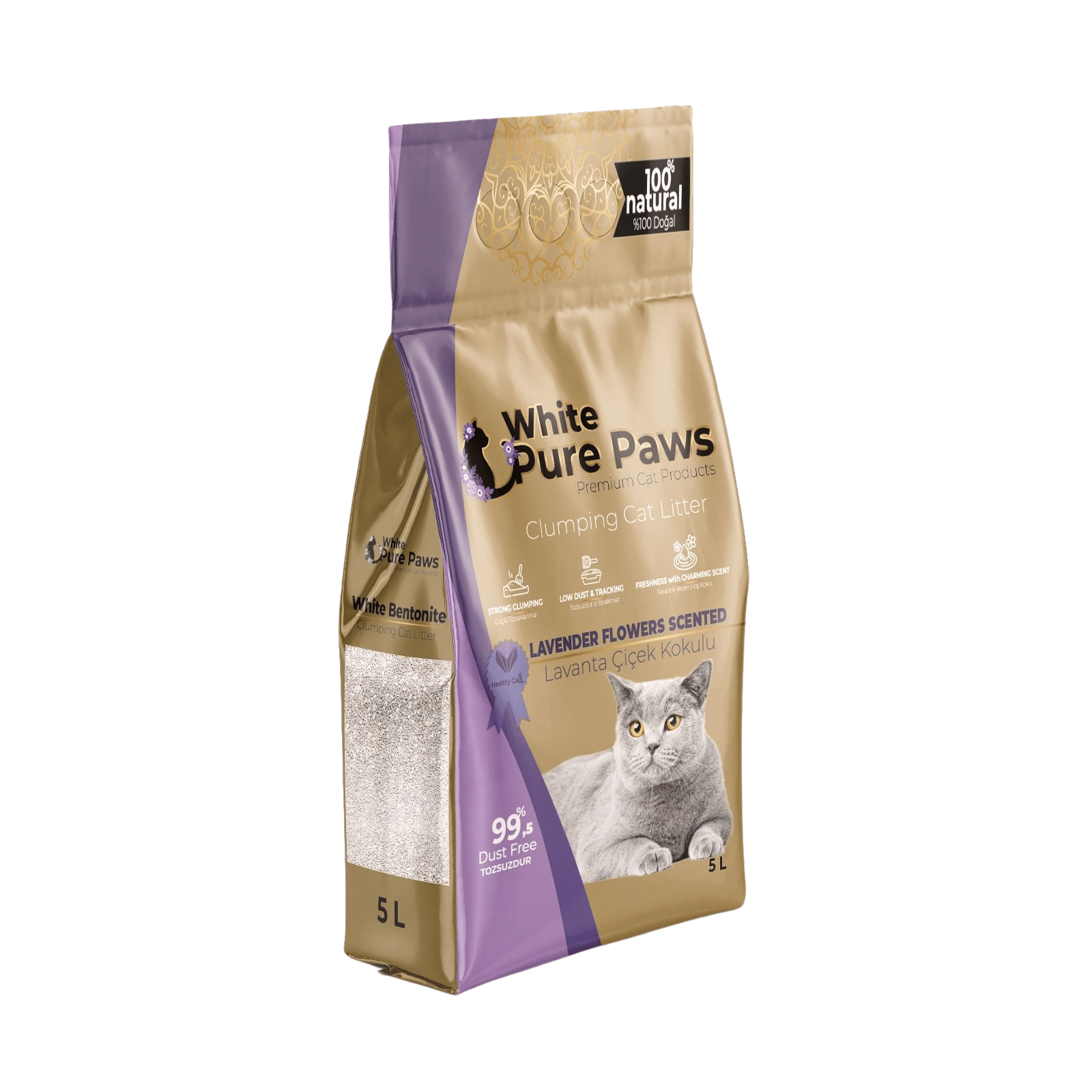 Arena para gatos de bentonita premium White Pure Paws: 99,5 % libre de polvo  & altamente aglutinante