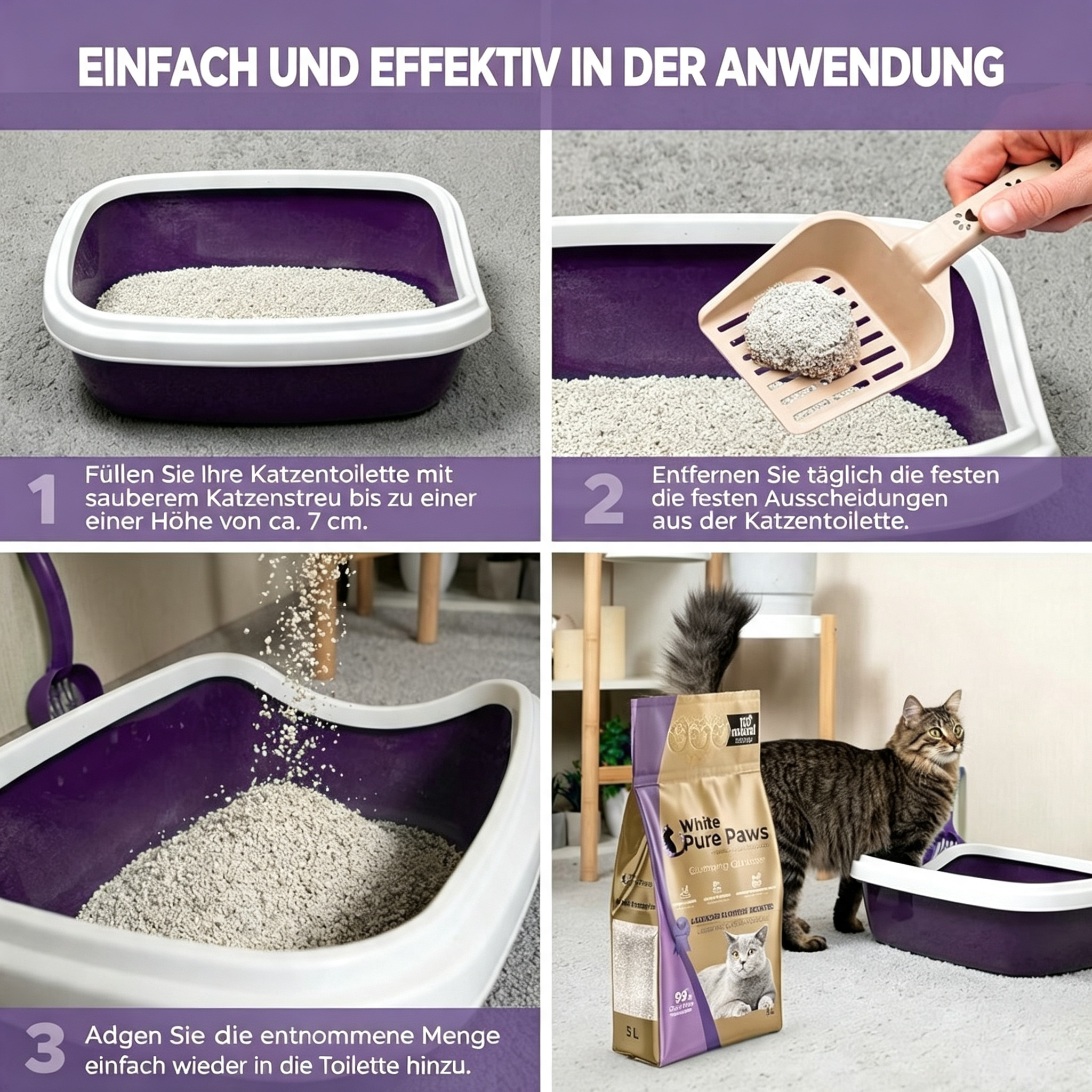 White Pure Paws Premium Bentonit Katzenstreu – 99,5 % staubfrei & stark klumpend
