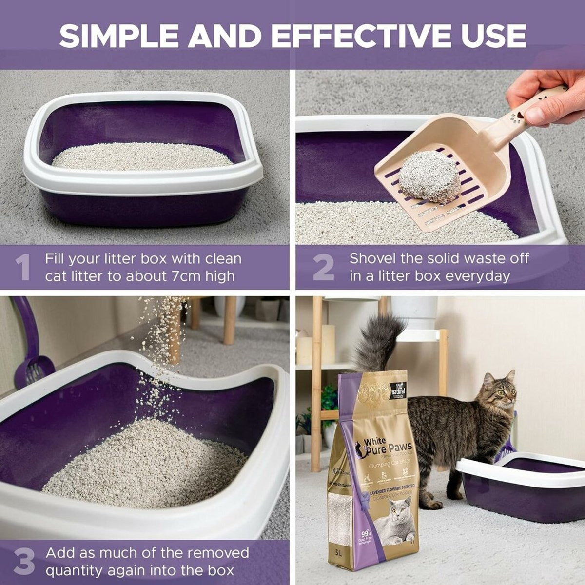 Arena para gatos de bentonita premium White Pure Paws: 99,5 % libre de polvo  & altamente aglutinante