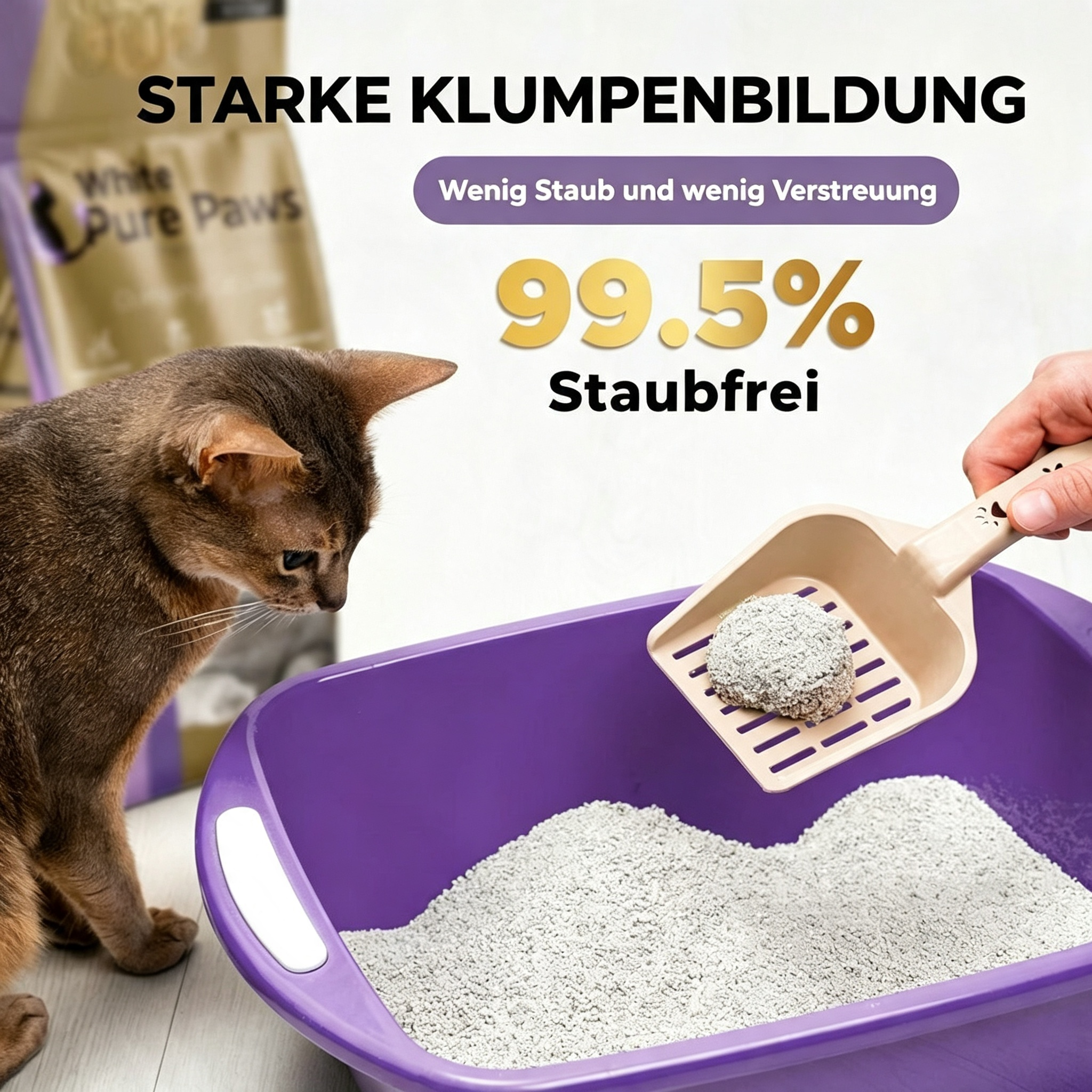 White Pure Paws Premium Bentonit Katzenstreu – 99,5 % staubfrei & stark klumpend