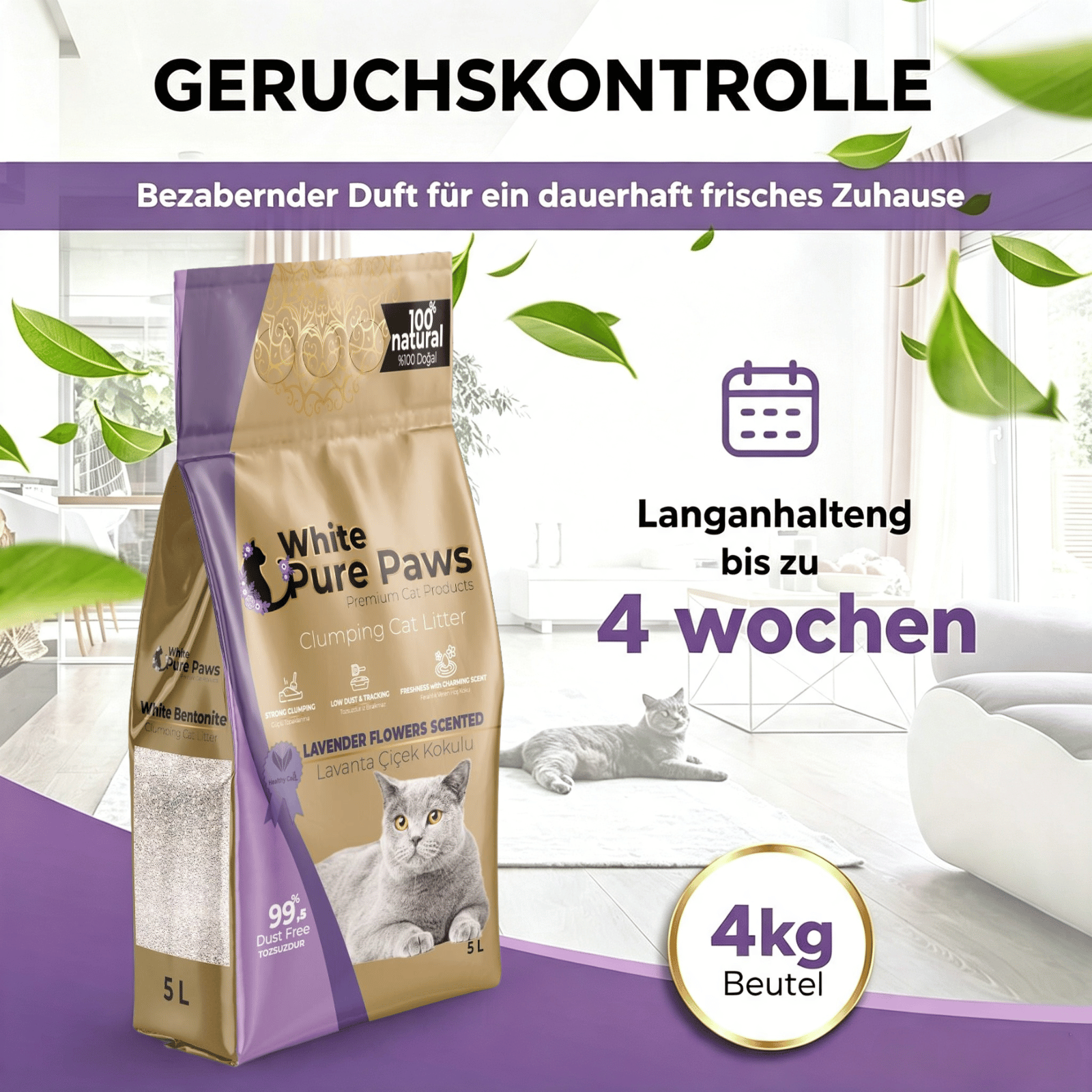 White Pure Paws Premium Bentonit Katzenstreu – 99,5 % staubfrei & stark klumpend